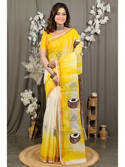 DipDiya - Hataka Yellow Pure Cotton Traditional Bengali Hand Painted Saree Without Blouse