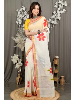 DipDiya - Hataka Cream Pure Cotton Traditional Bengali Hand Painted Saree Without Blouse