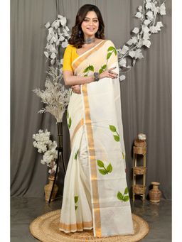 DipDiya - Hataka Cream Pure Cotton Traditional Bengali Hand Painted Saree Without Blouse