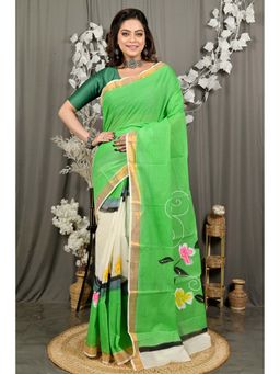 DipDiya - Hataka Green Pure Cotton Traditional Bengali Hand Painted Saree Without Blouse