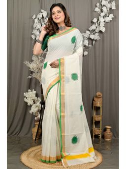DipDiya - Hataka Cream Pure Cotton Traditional Bengali Hand Painted Saree Without Blouse