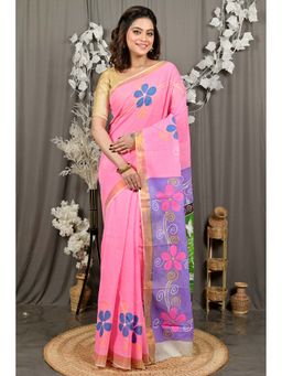 DipDiya - Hataka Pink Pure Cotton Traditional Bengali Hand Painted Saree Without Blouse