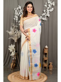 DipDiya - Hataka Cream Pure Cotton Traditional Bengali Hand Painted Saree Without Blouse