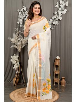 DipDiya - Hataka Cream Pure Cotton Traditional Bengali Hand Painted Saree Without Blouse