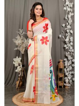 DipDiya - Hataka Cream Pure Cotton Traditional Bengali Hand Painted Saree Without Blouse