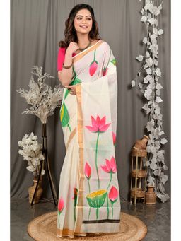 DipDiya - Hataka Cream Pure Cotton Traditional Bengali Hand Painted Saree Without Blouse