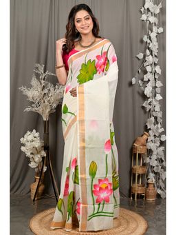 DipDiya - Hataka Cream Pure Cotton Traditional Bengali Hand Painted Saree Without Blouse