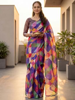 SATRANI - Multi-Color Printed Zari Border Ready To Wear Cotton Silk Saree with Unstitched Blouse