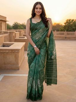 SATRANI - Dusty Green Printed (Ready To Wear) Cotton Silk Saree with Unstitched Blouse