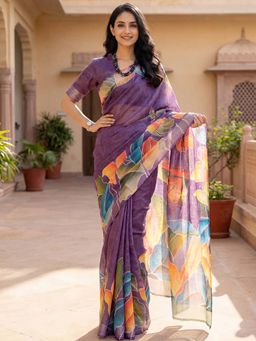 SATRANI - Violet Printed Ready To Wear Cotton Silk Saree with Unstitched Blouse