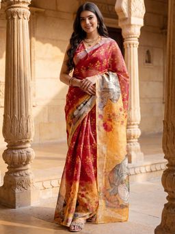 SATRANI - Orange Printed Ready To Wear Cotton Silk Saree with Unstitched Blouse