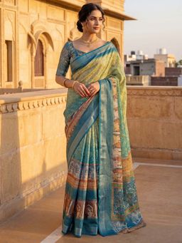 SATRANI - Teal Blue Printed Ready To Wear Cotton Silk Saree with Unstitched Blouse