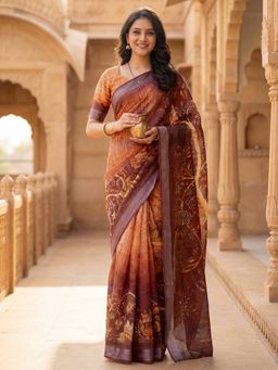 SATRANI - OrangePrinted Ready To Wear Cotton Silk Saree with Unstitched Blouse