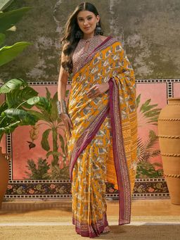 SATRANI - Yellow Printed Cotton Ready To Wear Saree with Unstitched Blouse