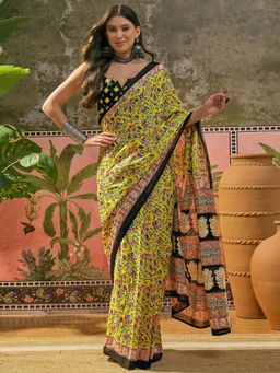 SATRANI - Lime Yellow Printed Cotton Ready To Wear Saree with Unstitched Blouse