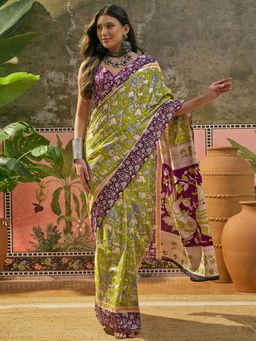 SATRANI - Lime Green Printed Cotton Ready To Wear Saree with Unstitched Blouse