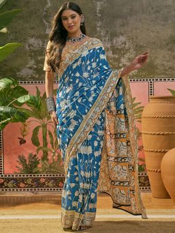 SATRANI - Blue Printed Cotton Ready To Wear Saree with Unstitched Blouse