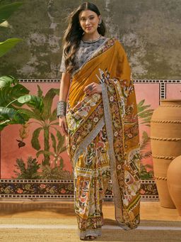 SATRANI - Mustard Yellow Printed Cotton Ready To Wear Saree with Unstitched Blouse