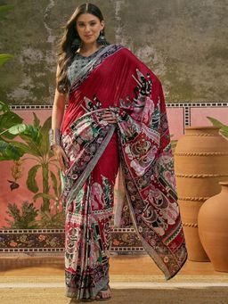 SATRANI - Maroon Printed Cotton Ready To Wear Saree with Unstitched Blouse
