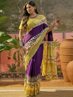SATRANI - Purple Printed Cotton Ready To Wear Saree with Unstitched Blouse
