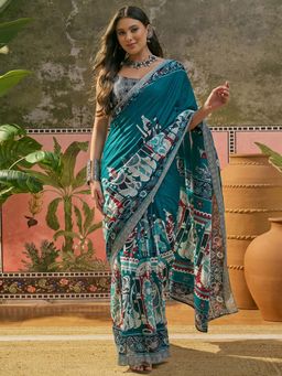 SATRANI - Teal Blue Printed Cotton Ready To Wear Saree with Unstitched Blouse