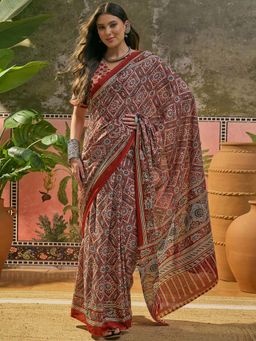 SATRANI - Maroon Printed Cotton Ready To Wear Saree with Unstitched Blouse