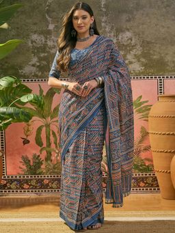 SATRANI - Blue Printed Cotton Ready To Wear Saree with Unstitched Blouse