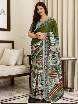 SATRANI - Olive Green Printed Ready To Wear Cotton Saree with Unstitched Blouse