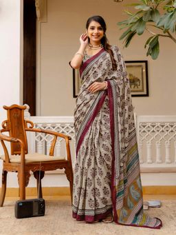 SATRANI - Beige Printed Ready To Wear Cotton Saree with Unstitched Blouse