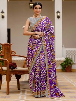 SATRANI - Lavender Printed Ready To Wear Cotton Saree with Unstitched Blouse