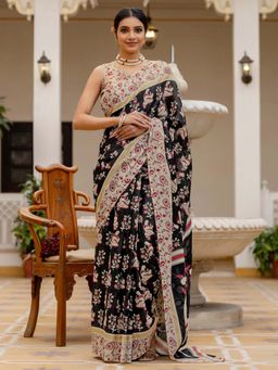 SATRANI - Black Printed Ready To Wear Cotton Saree with Unstitched Blouse