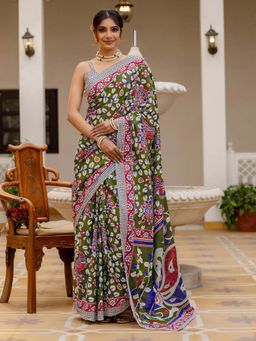 SATRANI - Dark Green Printed Ready To Wear Cotton Saree with Unstitched Blouse
