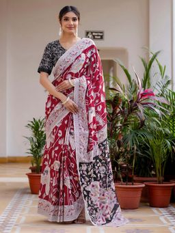 SATRANI - Maroon Floral Printed Ready To Wear Cotton Saree with Unstitched Blouse
