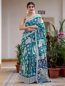 SATRANI - Teal Blue Printed Ready To Wear Cotton Saree with Unstitched Blouse