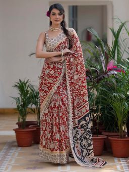 SATRANI - Maroon Printed Ready To Wear Cotton Saree with Unstitched Blouse