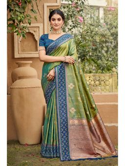 Fashion Petals - Olive Green Soft Silk Woven Work Traditional Saree with Unstitched Blouse