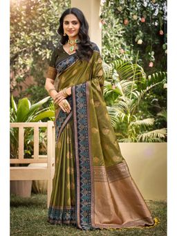 Fashion Petals - Green Soft Silk Woven Work Traditional Saree with Unstitched Blouse