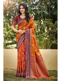 Fashion Petals - Orange Soft Silk Woven Work Traditional Saree with Unstitched Blouse