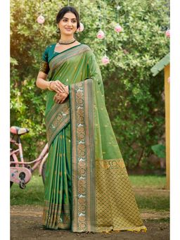 Fashion Petals - Green Soft Silk Woven Work Traditional Saree with Unstitched Blouse