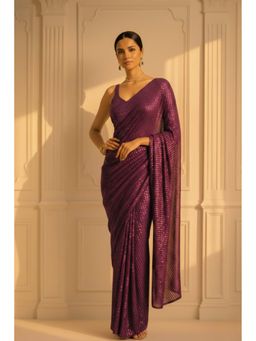Swtantra - Wine Knitted Sequin Saree with Unstitched Blouse