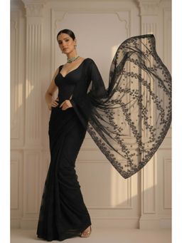 Swtantra - Black Stripe Lace Saree with Unstitched Blouse