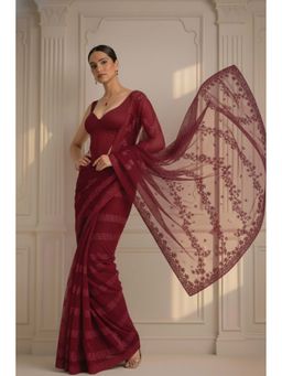 Swtantra - Maroon Stripe Lace Saree with Unstitched Blouse