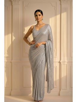 Swtantra - Shades of Grey Knitted Sequin Saree with Unstitched Blouse