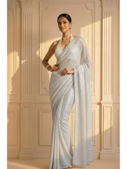 Swtantra - White and Silver Knitted Sequin Saree with Unstitched Blouse