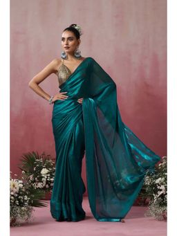 Swtantra - Green Metallic Satin Saree with Unstitched Blouse