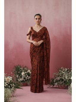 Swtantra - Chocolate Leaf Lace Saree with Unstitched Blouse