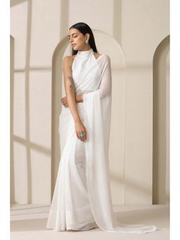 Swtantra - White Chiffon Saree with Unstitched Blouse