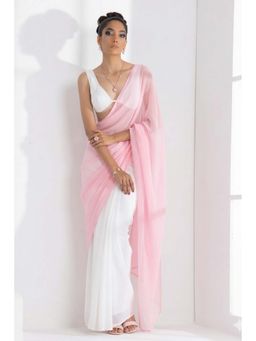Swtantra - White with Pink Chiffon Saree with Unstitched Blouse