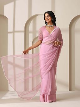 Swtantra - Dark Blush Pink Chiffon Saree with Unstitched Blouse