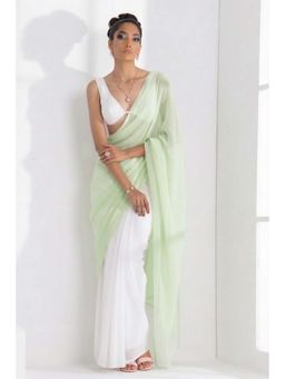 Swtantra - White and Sage Green Saree with Unstitched Blouse